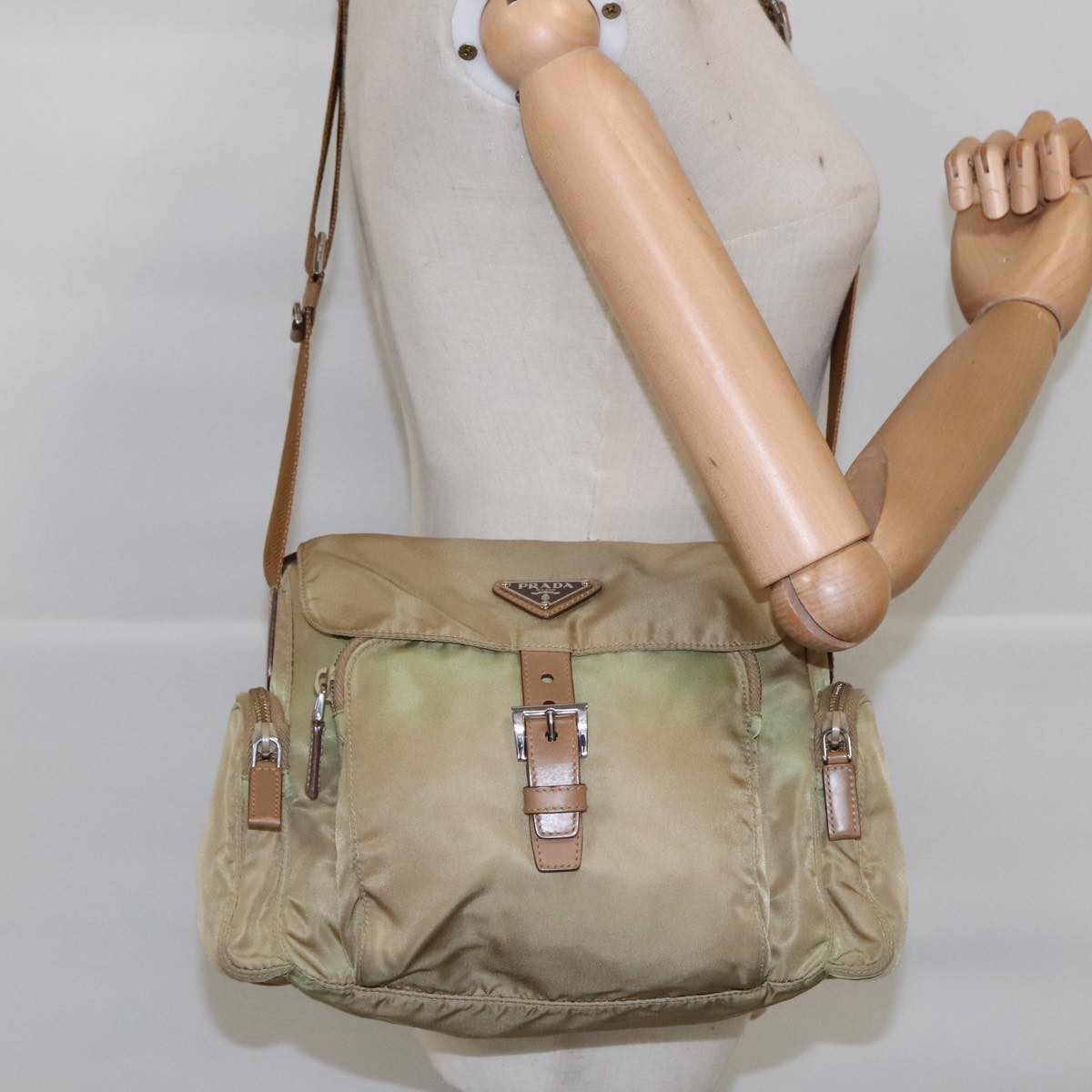 PRADA Shoulder Bag Nylon Khaki Silver Auth ar12691