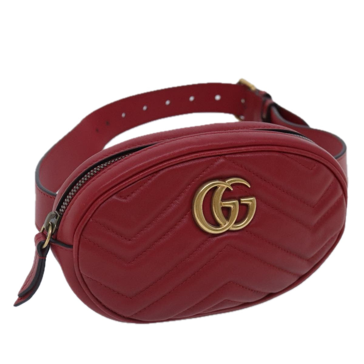 GUCCI GG Marmont Waist bag Leather Red Gold 476434 Auth ar12701