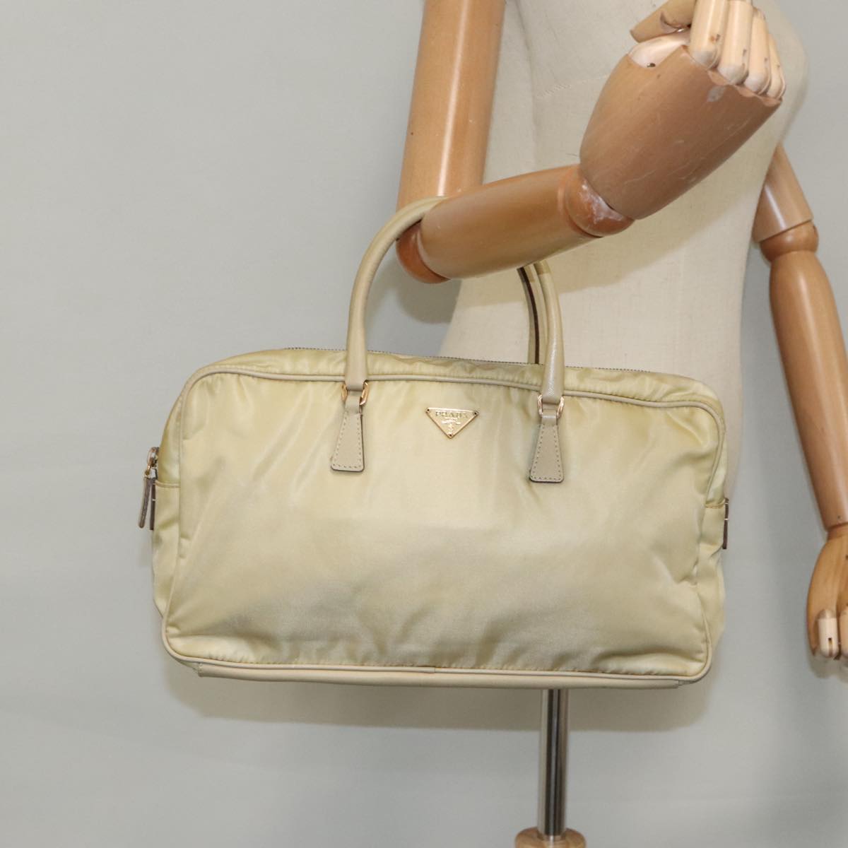 PRADA Hand Bag Nylon Beige Gold Auth ar12718