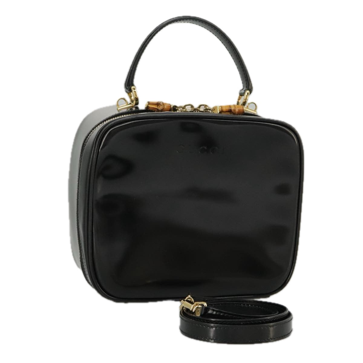 GUCCI Bamboo Vanity Hand Bag Patent 2way Black 000 3270 0323 Auth ar12726