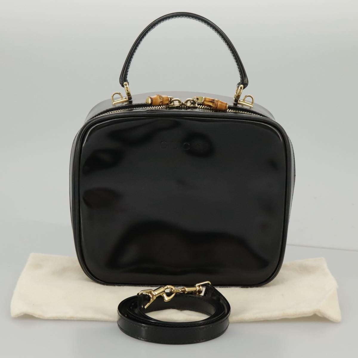 GUCCI Bamboo Vanity Hand Bag Patent 2way Black 000 3270 0323 Auth ar12726