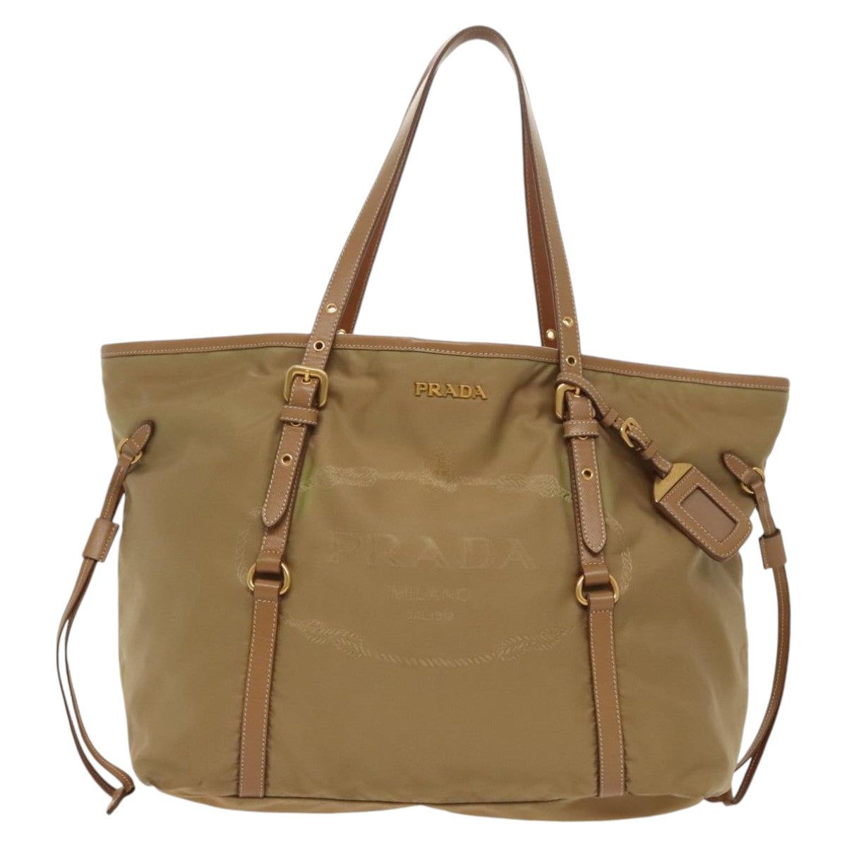 PRADA Tote Bag Nylon Beige Gold Auth ar12733