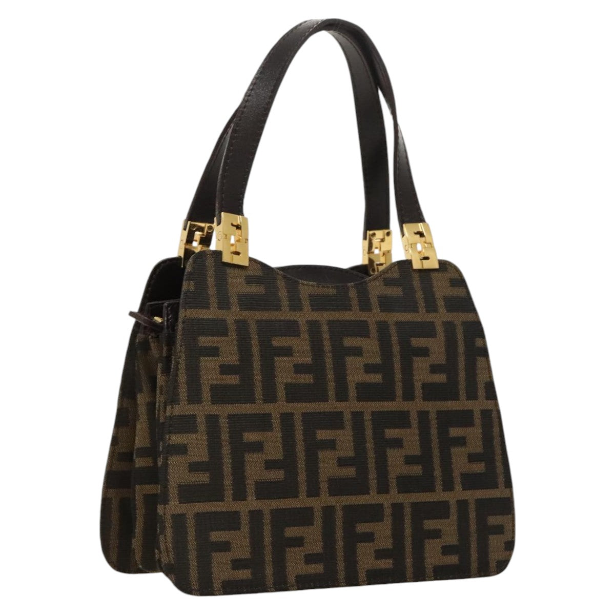 FENDI Zucca Canvas Hand Bag Brown Black gold Auth ar12735