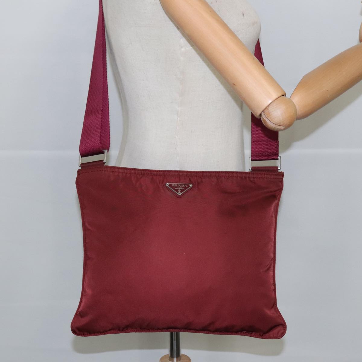 PRADA Shoulder Bag Nylon Bordeaux Silver Auth ar12740