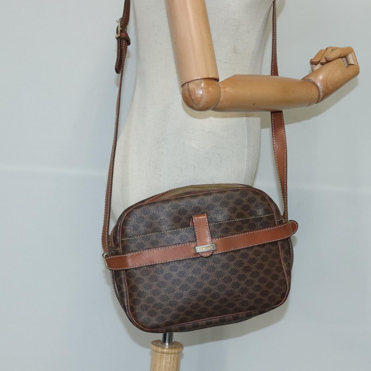 CELINE Macadam Canvas Shoulder Bag PVC Leather Brown Auth ar12767