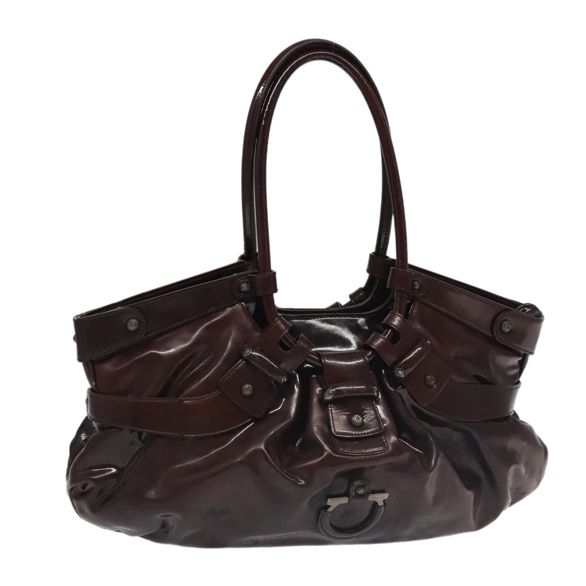 Salvatore Ferragamo Shoulder Bag Enamel Brown Auth ar12780