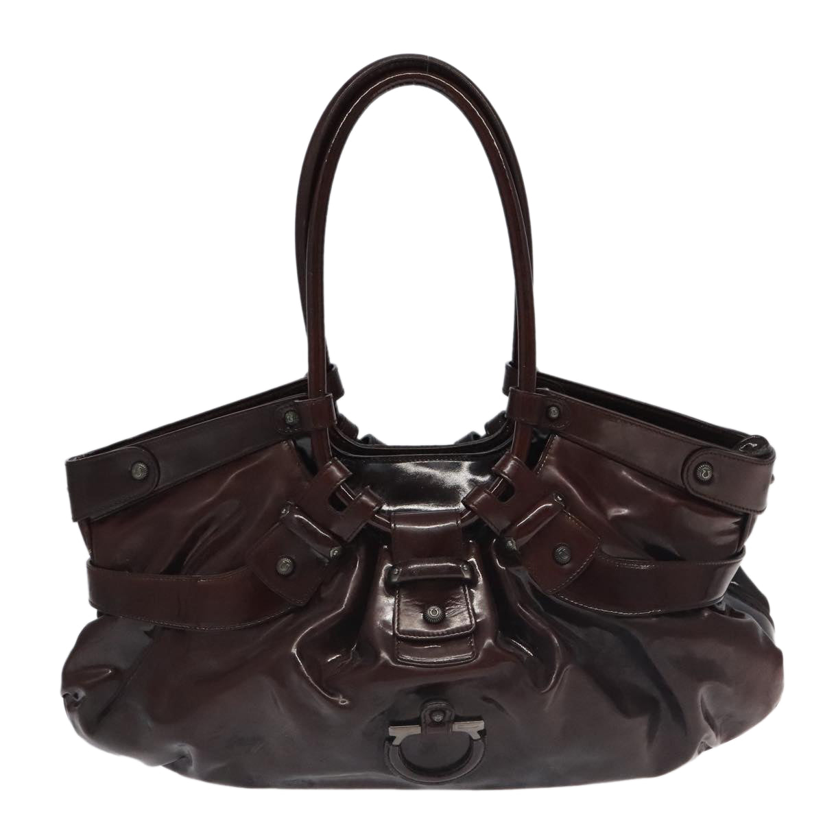 Salvatore Ferragamo Shoulder Bag Enamel Brown Auth ar12780