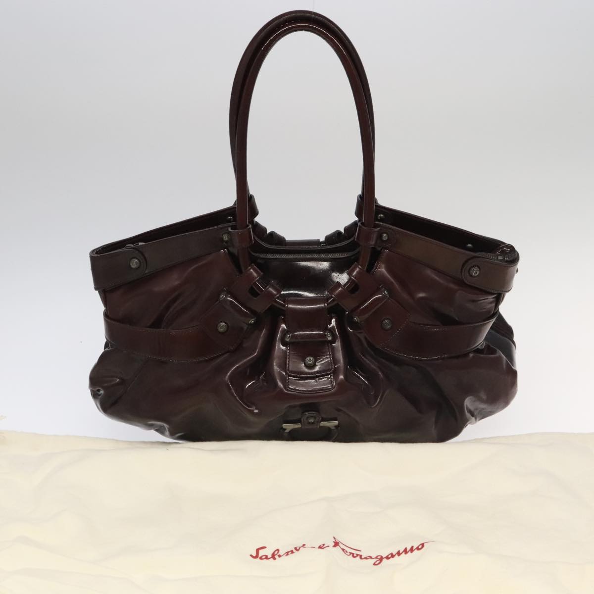 Salvatore Ferragamo Shoulder Bag Enamel Brown Auth ar12780