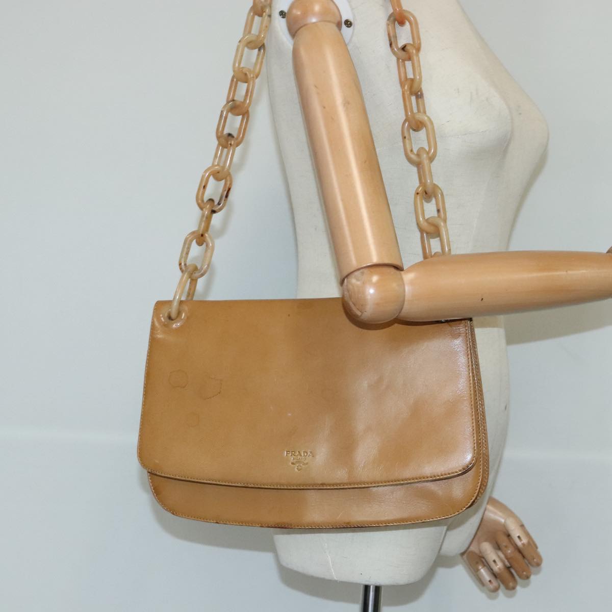 PRADA Chain Shoulder Bag Leather Beige Auth ar12783