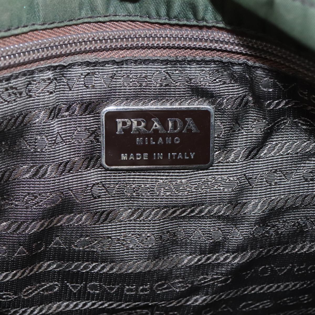 PRADA Tote Bag Nylon Khaki Dark Brown Silver Auth ar12785