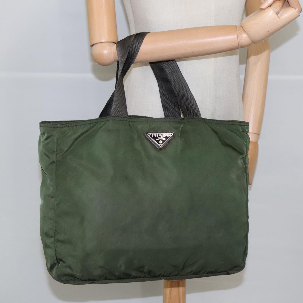 PRADA Tote Bag Nylon Khaki Dark Brown Silver Auth ar12785