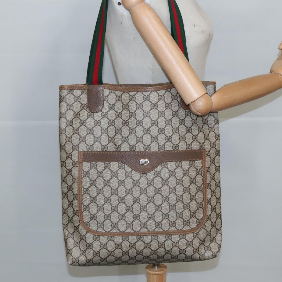 GUCCI GG Supreme Web Sherry Line Interlocking Tote Bag PVC Beige Auth ar12821