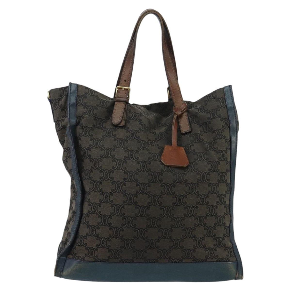 CELINE Paris Macadam Canvas Tote Bag Brown Navy Gold Auth ar12827