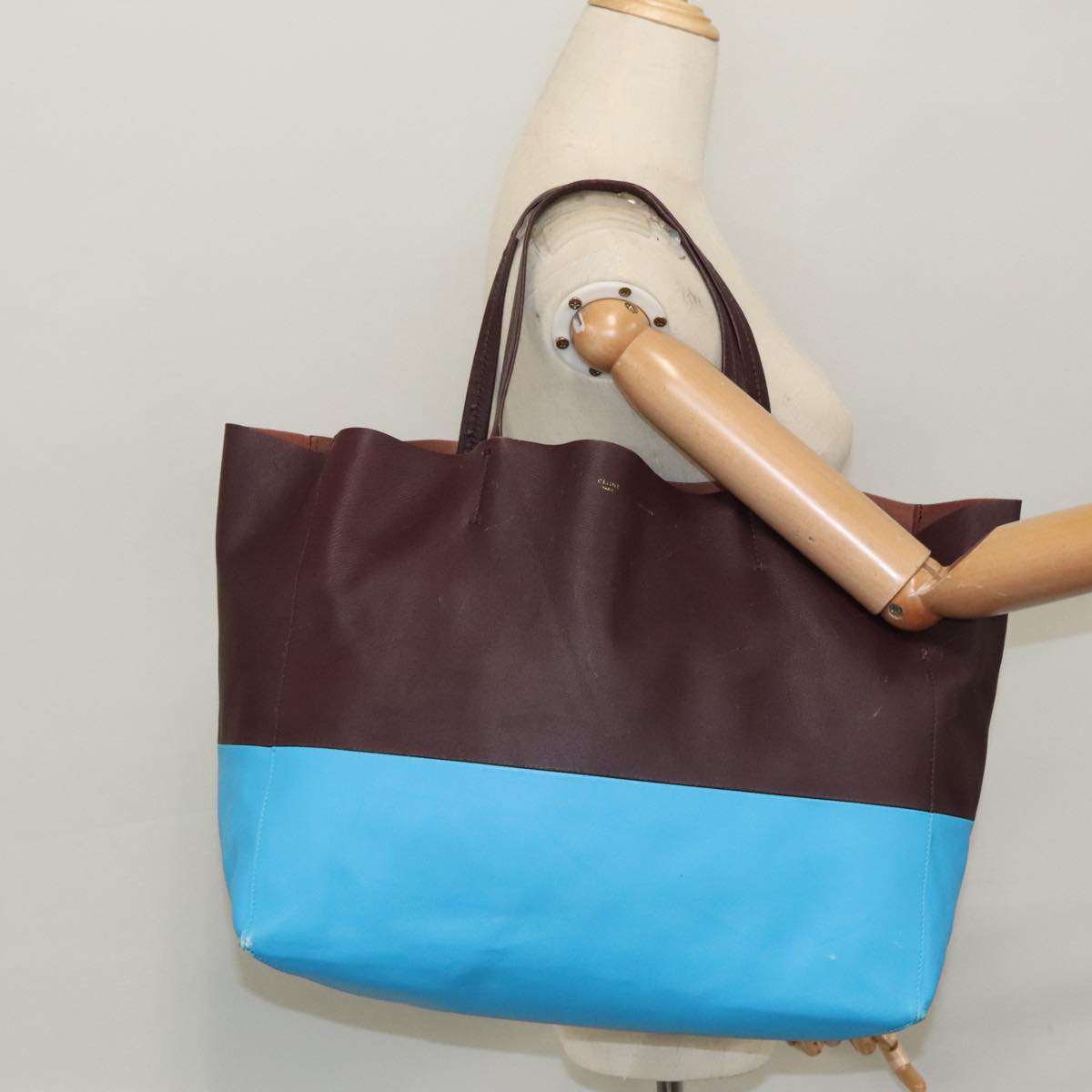 CELINE Cava Horizontal Tote Bag Leather Brown Blue Auth ar12831