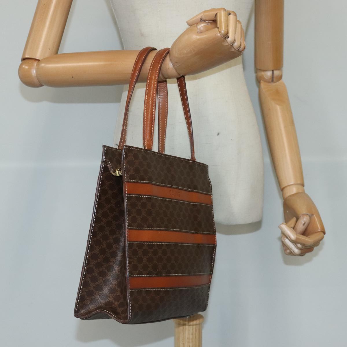 CELINE Macadam Canvas Hand Bag PVC Leather Brown Auth ar12837