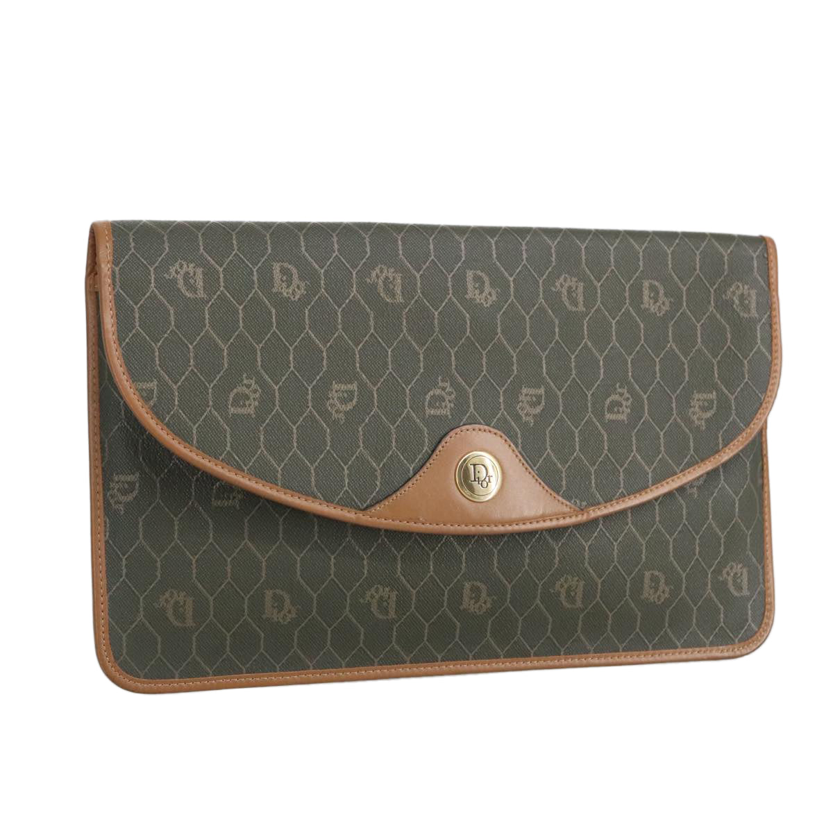 Christian Dior Honeycomb Canvas Clutch Bag PVC Khaki Brown Gold Auth ar12839