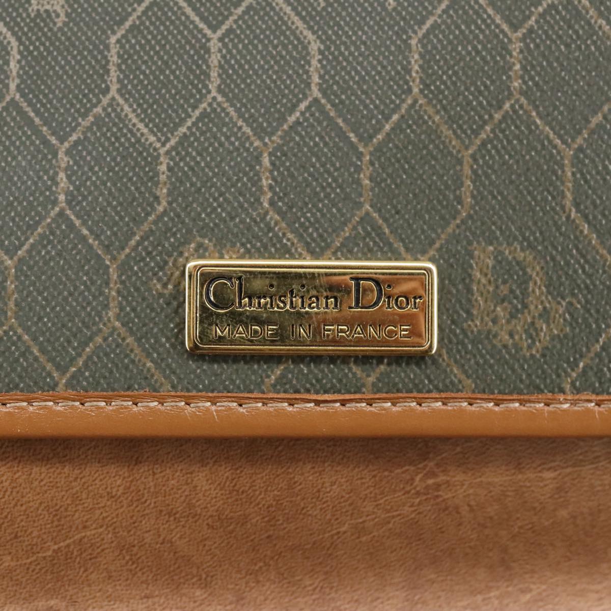 Christian Dior Honeycomb Canvas Clutch Bag PVC Khaki Brown Gold Auth ar12839