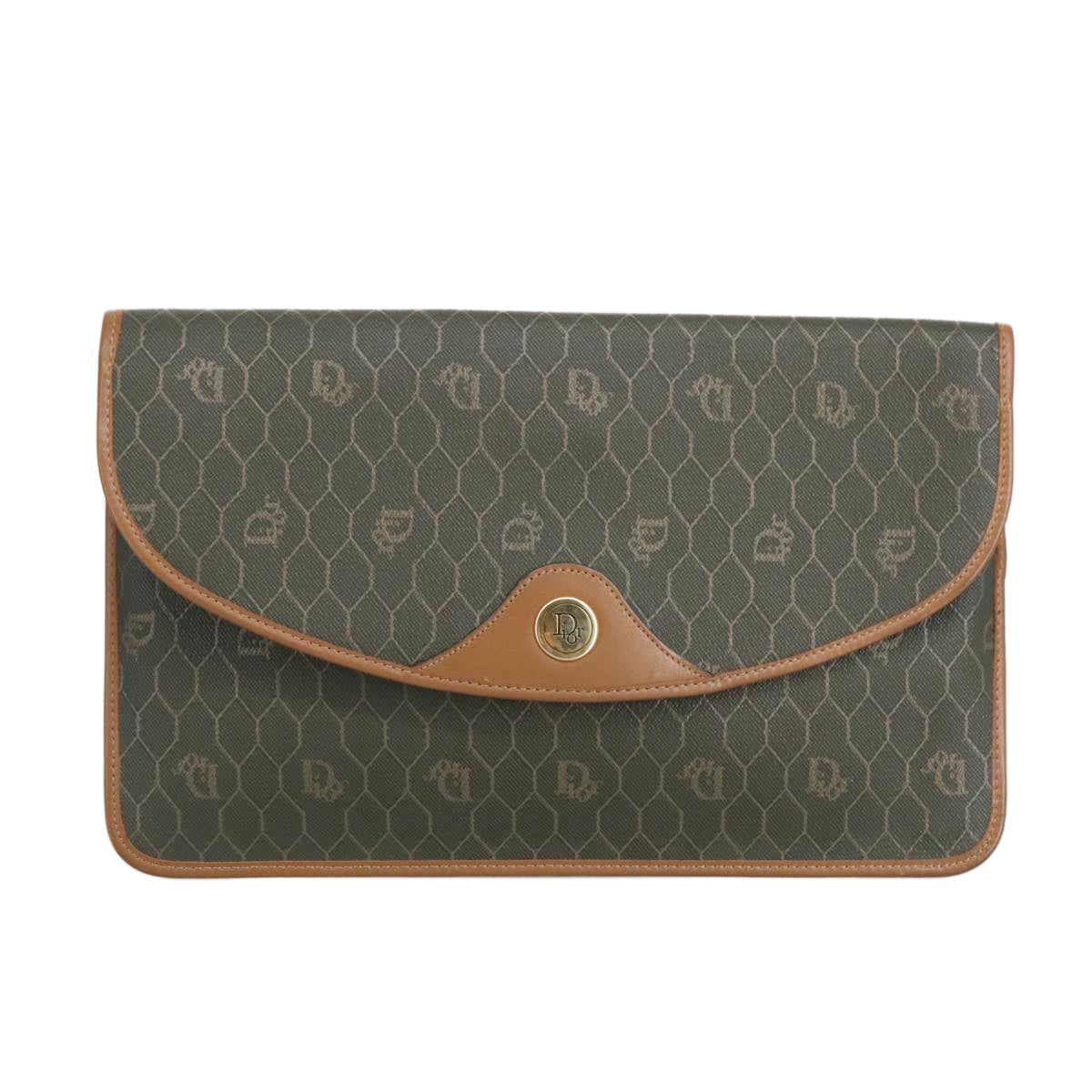 Christian Dior Honeycomb Canvas Clutch Bag PVC Khaki Brown Gold Auth ar12839