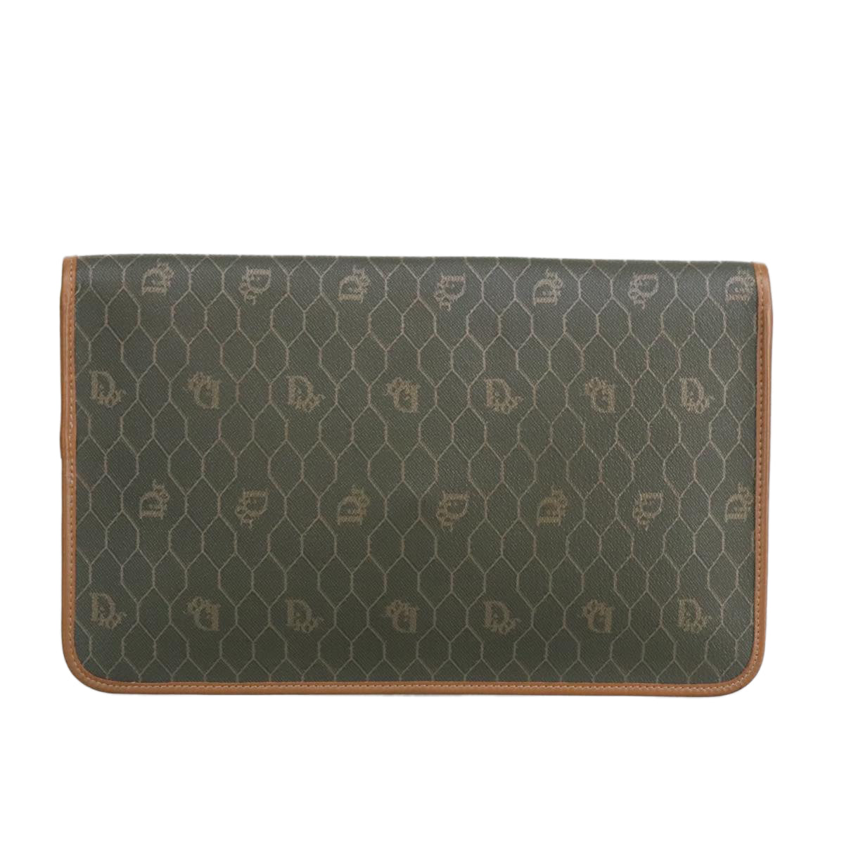 Christian Dior Honeycomb Canvas Clutch Bag PVC Khaki Brown Gold Auth ar12839 - 0