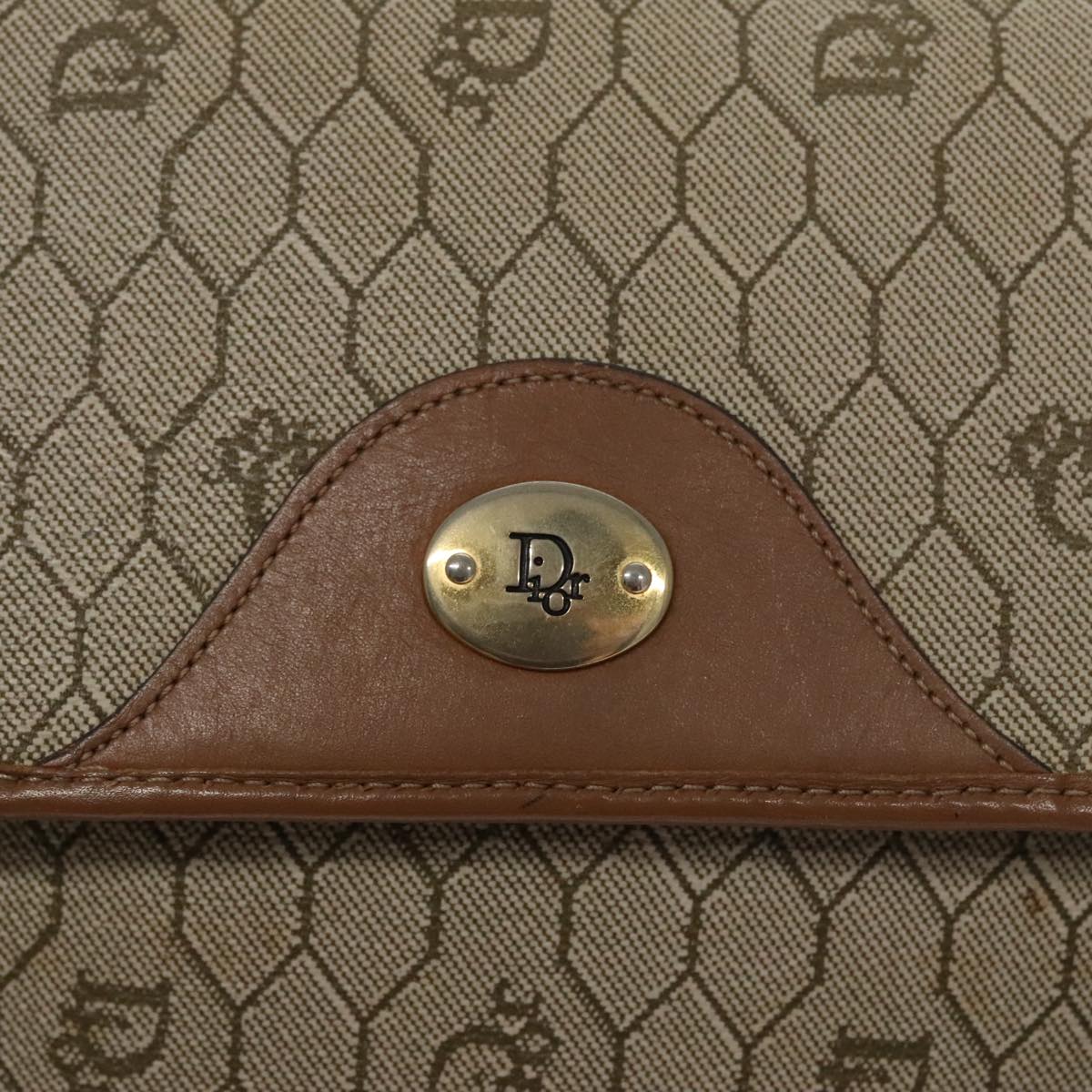 Christian Dior Honeycomb Canvas Shoulder Bag PVC Beige Brown Gold Auth ar12857