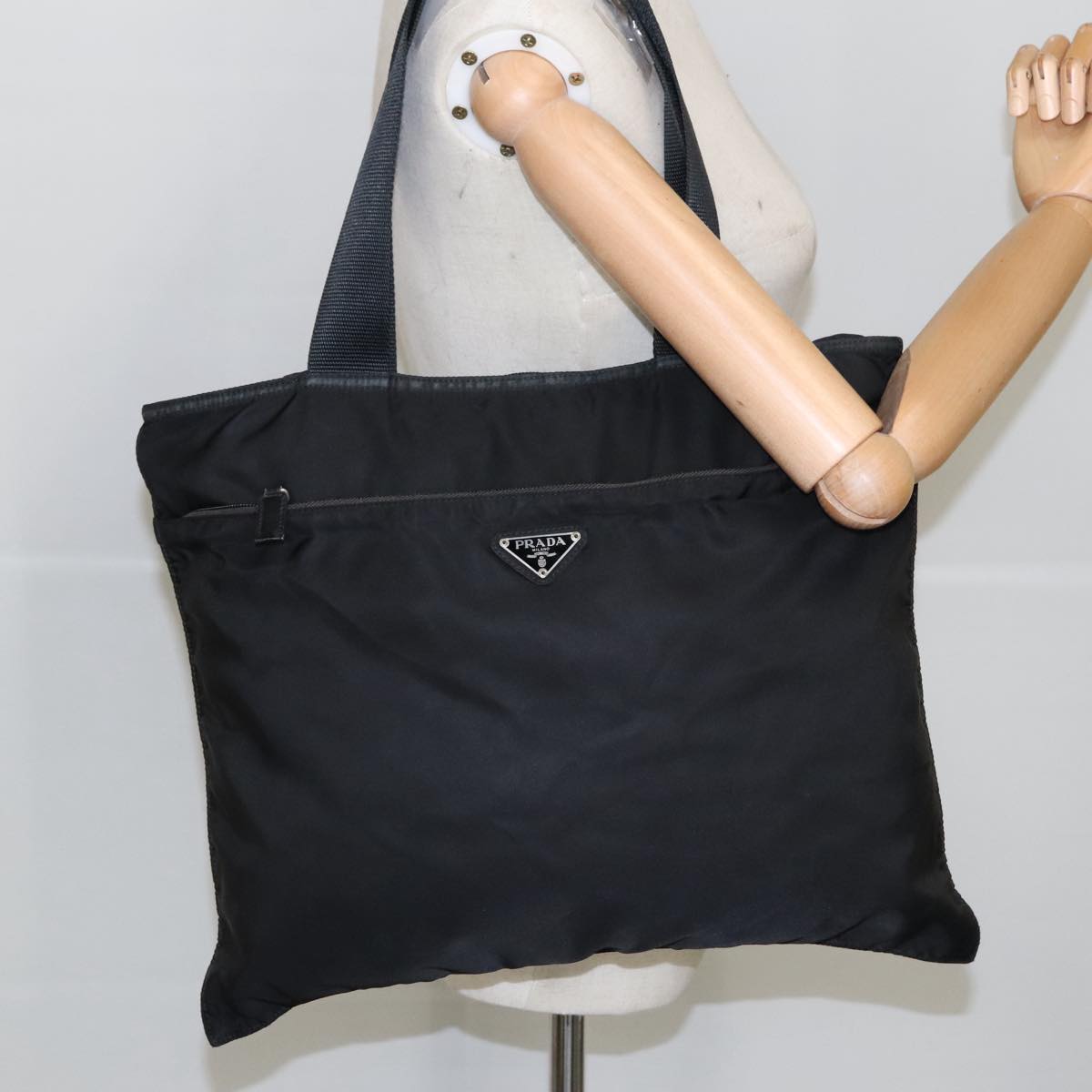 PRADA Tote Bag Nylon Black Silver Auth ar12871