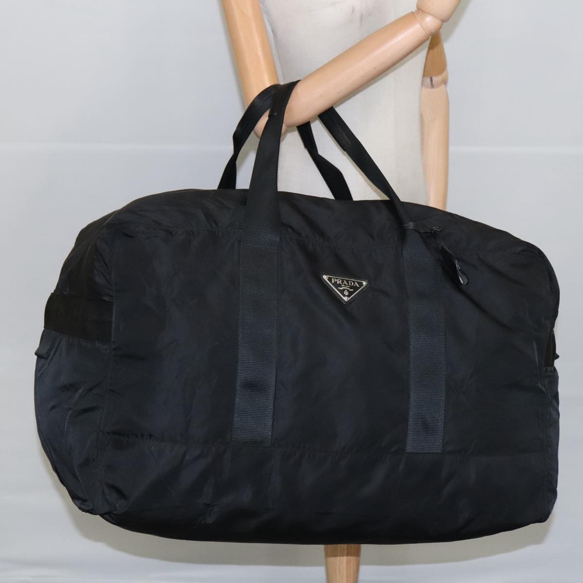 PRADA Boston Bag Nylon Black Silver Auth ar12876