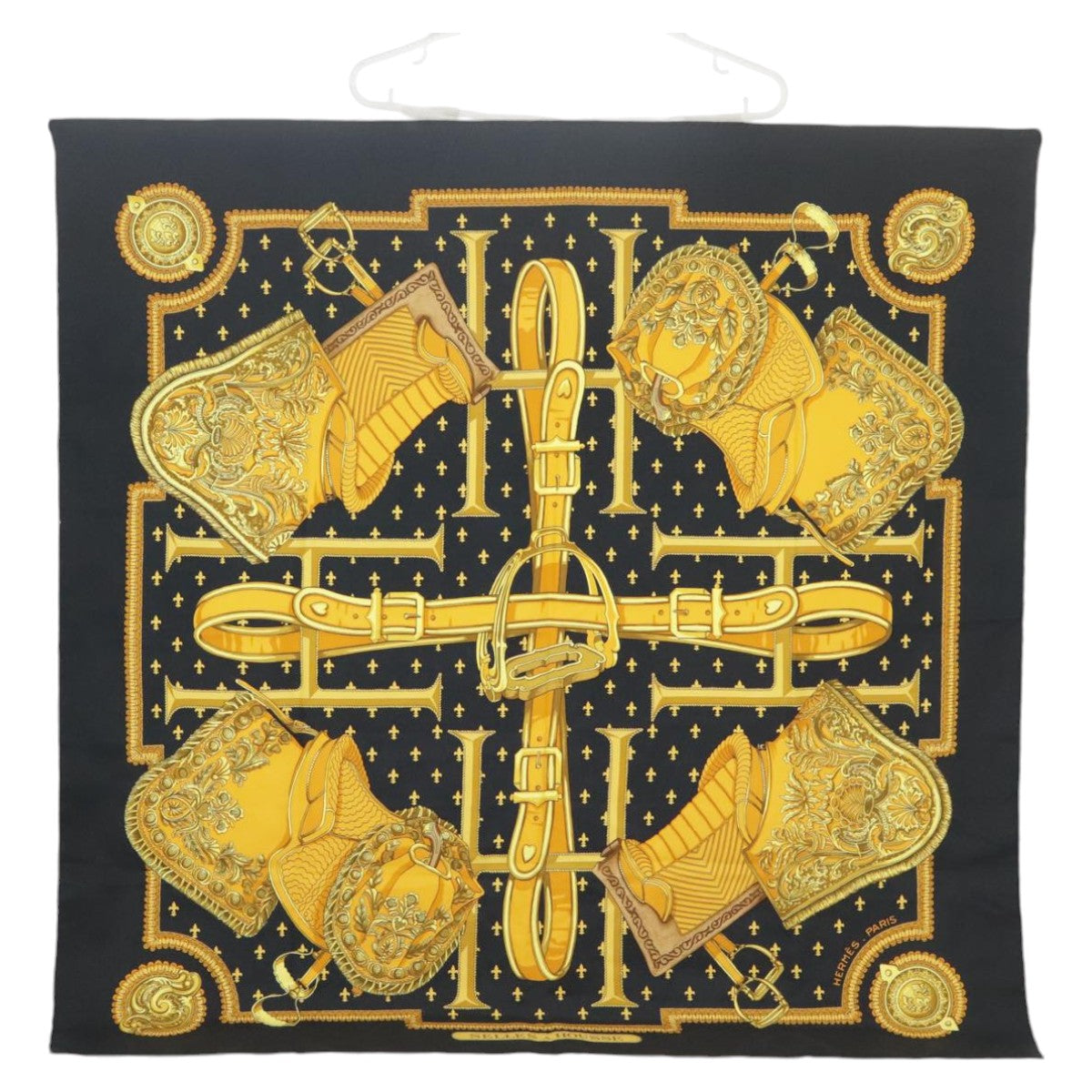 HERMES Carre 90 Scarf ""SELLES A HOUSSE"" Silk Black Yellow Auth ar12890