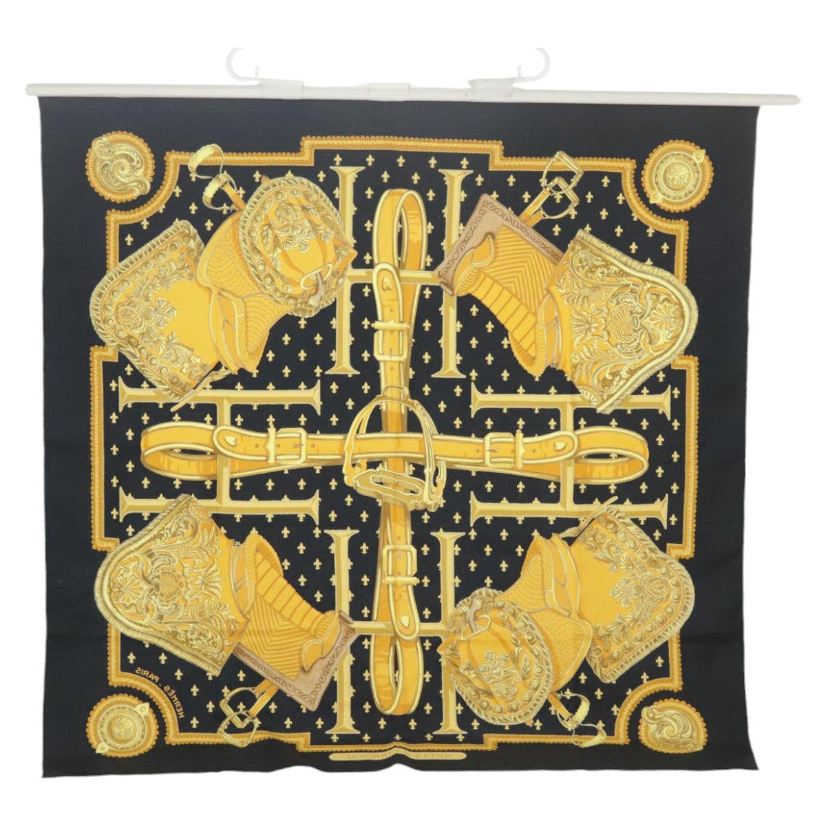 HERMES Carre 90 Scarf ""SELLES A HOUSSE"" Silk Black Yellow Auth ar12890 - 0