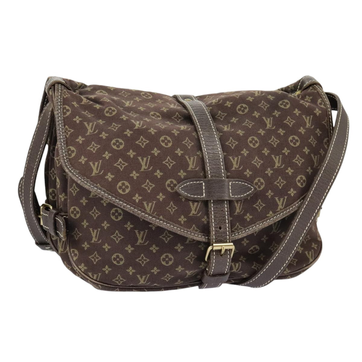 LOUIS VUITTON Monogram Mini Lin Saumur PM Bag Brown Ebene M95227 LV Auth ar12898