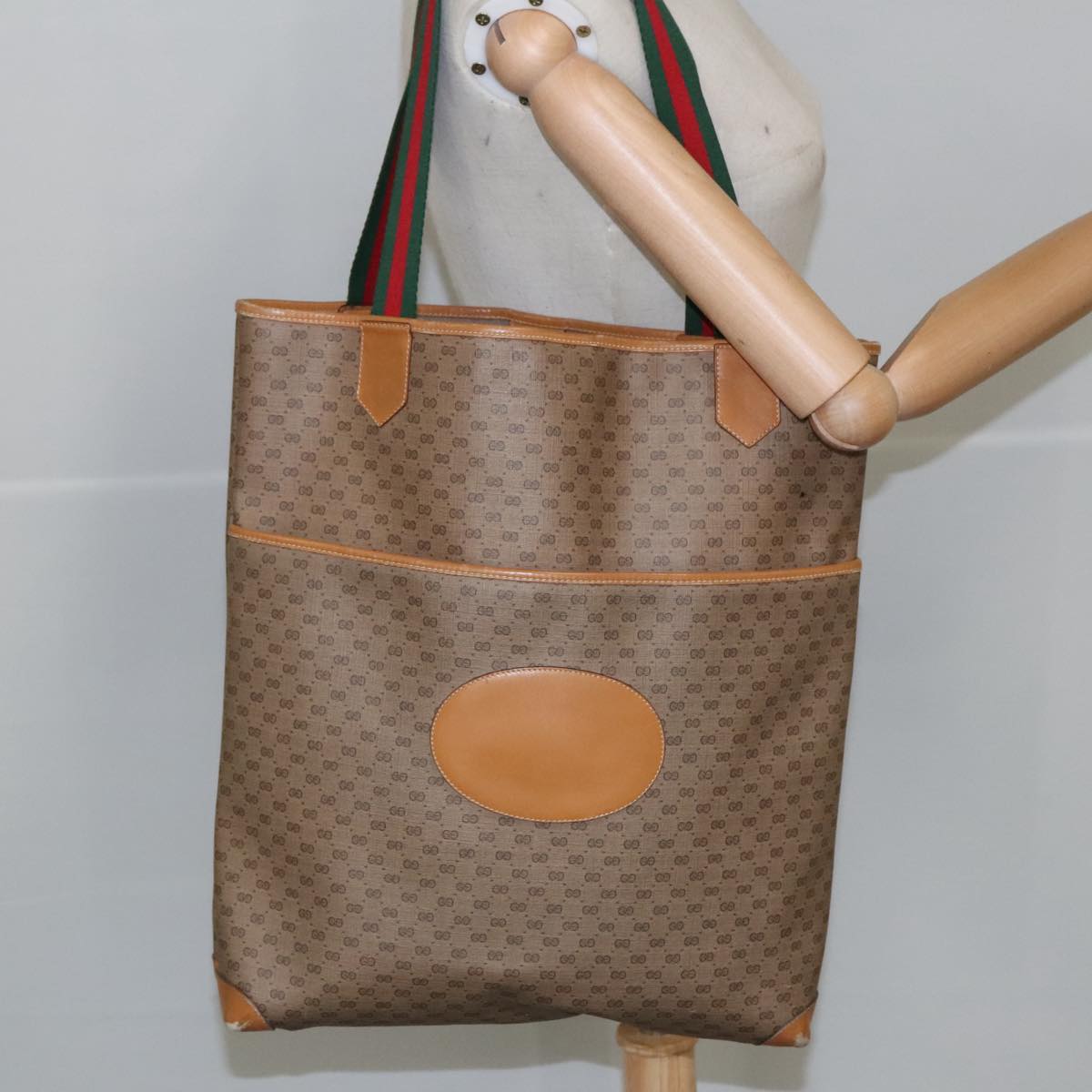 GUCCI Micro GG Supreme Web Sherry Line Tote Bag PVC Beige Red Green Auth ar12946