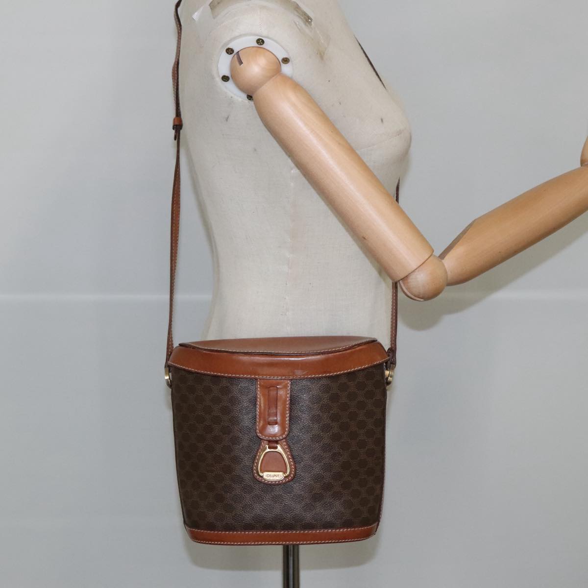 CELINE Macadam Canvas Shoulder Bag PVC Leather Brown Gold Auth ar12948