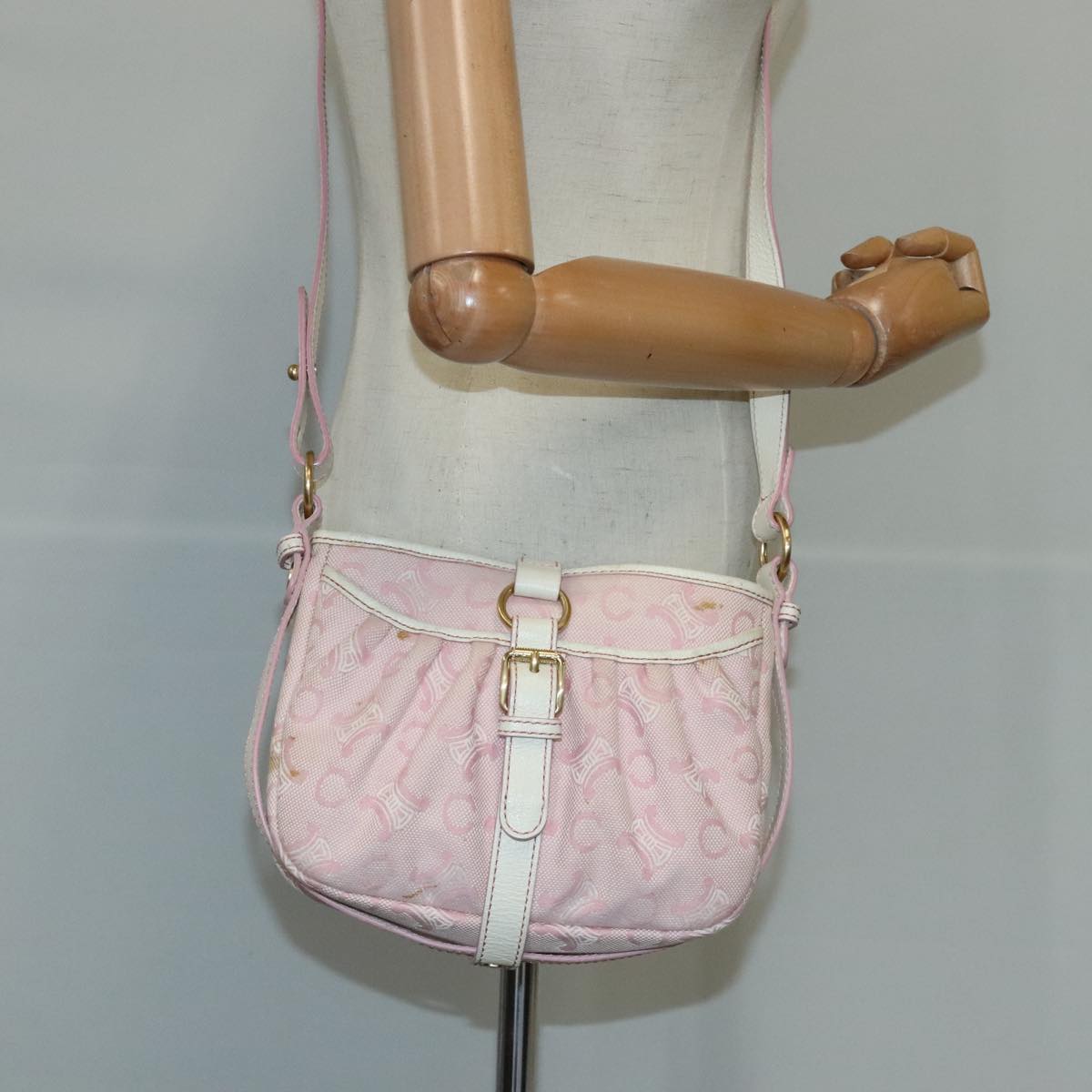 CELINE C Macadam Canvas Shoulder Bag Pink White Gold Auth ar12950