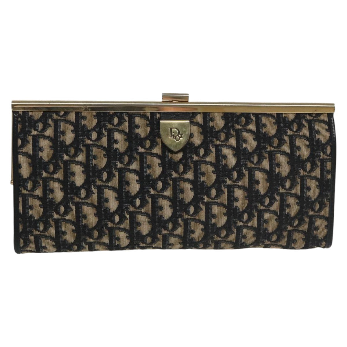 Christian Dior Trotter Canvas Clutch Bag Gold Navy Auth ar12951 - 0