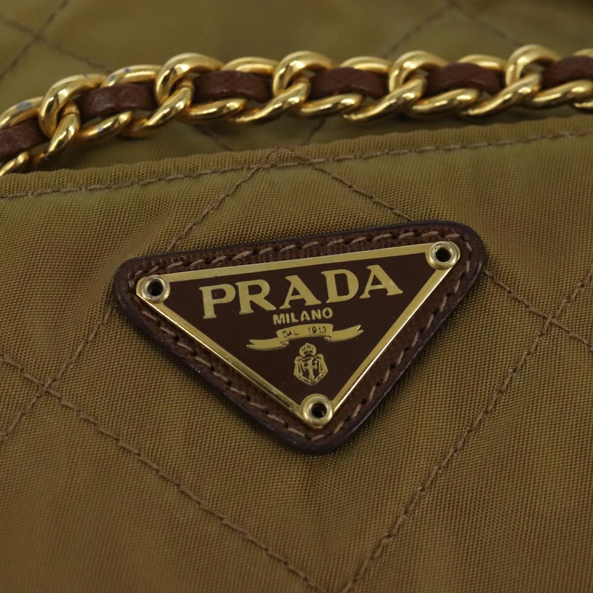 PRADA Chain Shoulder Bag Nylon Beige Gold Auth ar12953