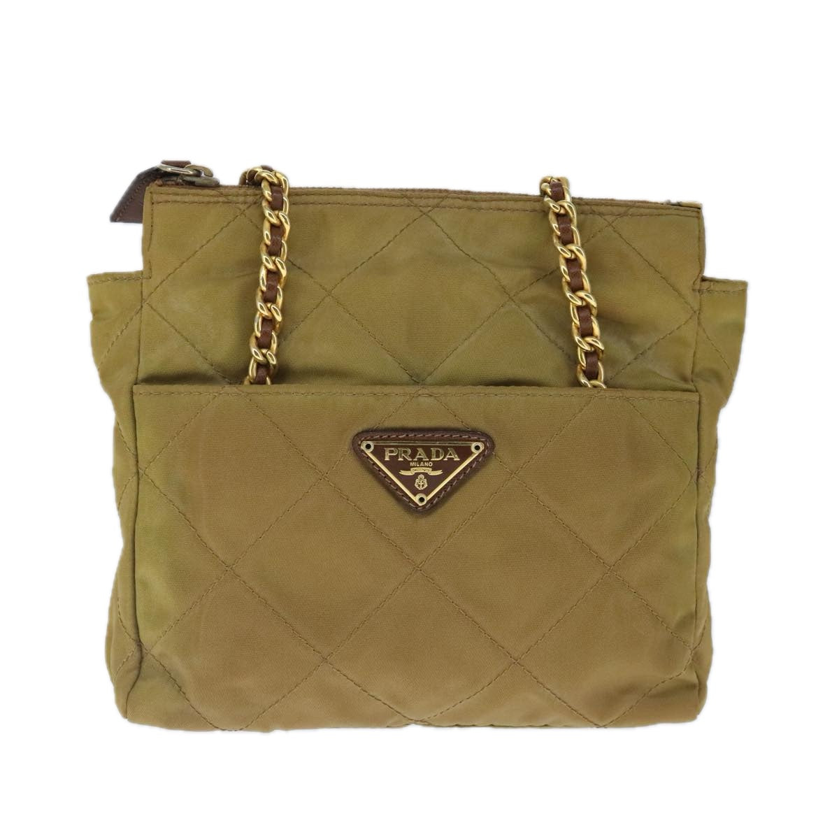 PRADA Chain Shoulder Bag Nylon Beige Gold Auth ar12953 - 0