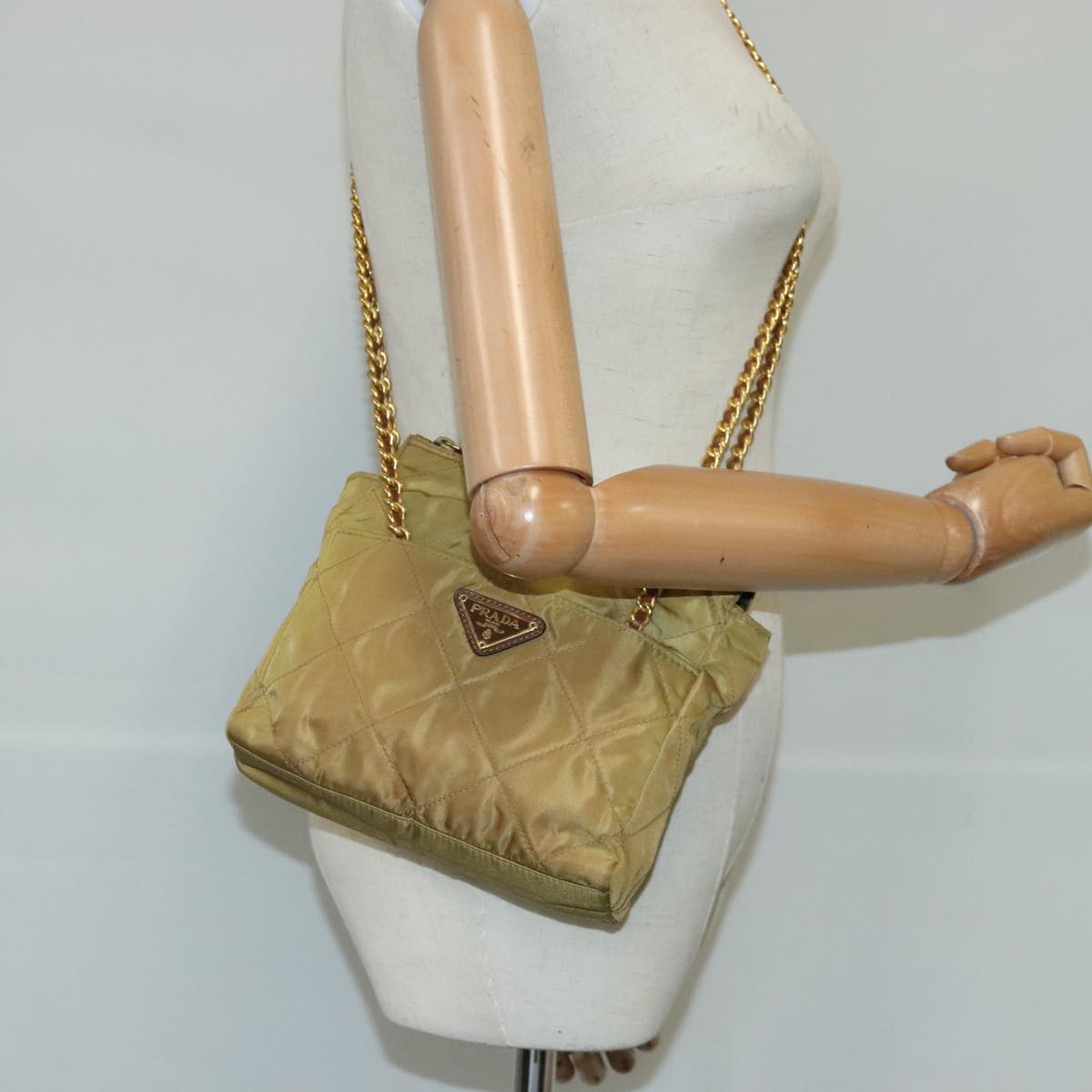 PRADA Chain Shoulder Bag Nylon Beige Gold Auth ar12953