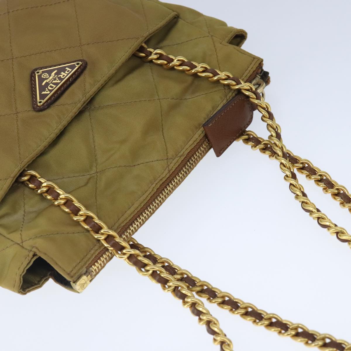 PRADA Chain Shoulder Bag Nylon Beige Gold Auth ar12953