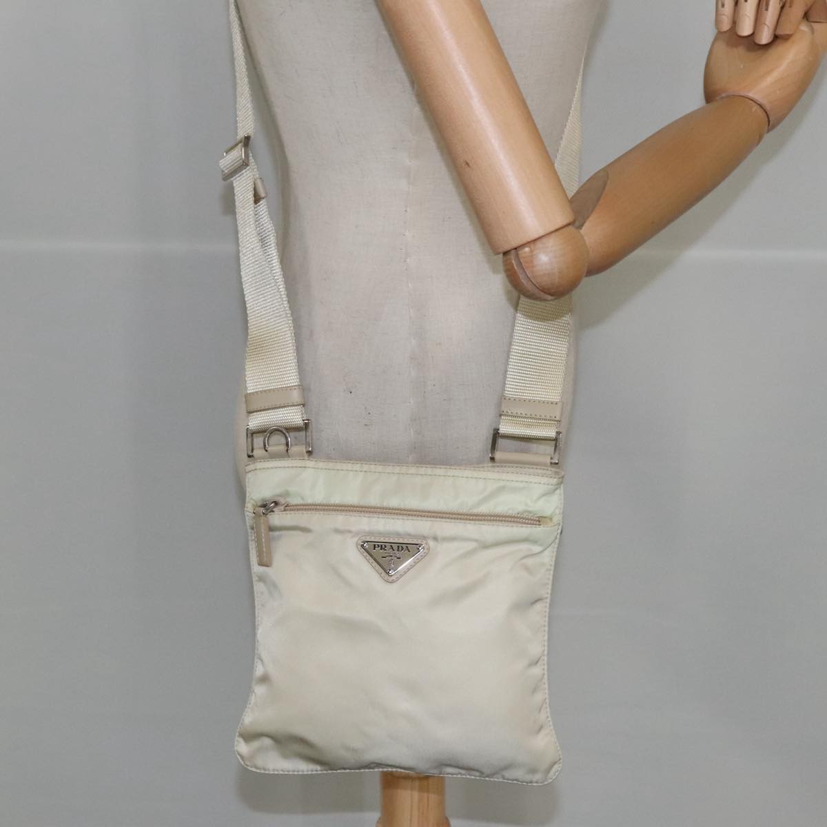 PRADA Shoulder Bag Nylon Beige Silver Auth ar12955