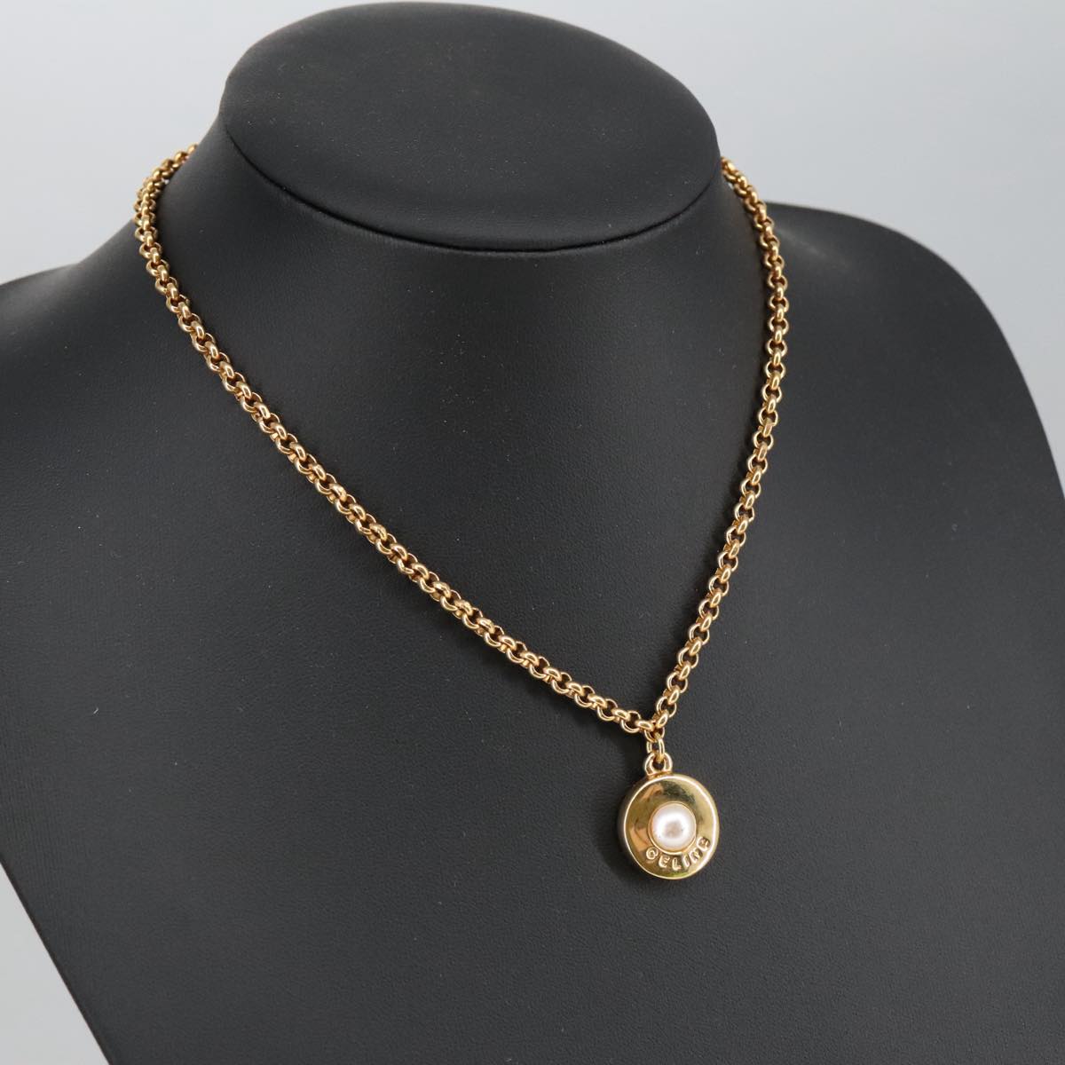 CELINE Pearl Necklace metal Gold Auth ar12965