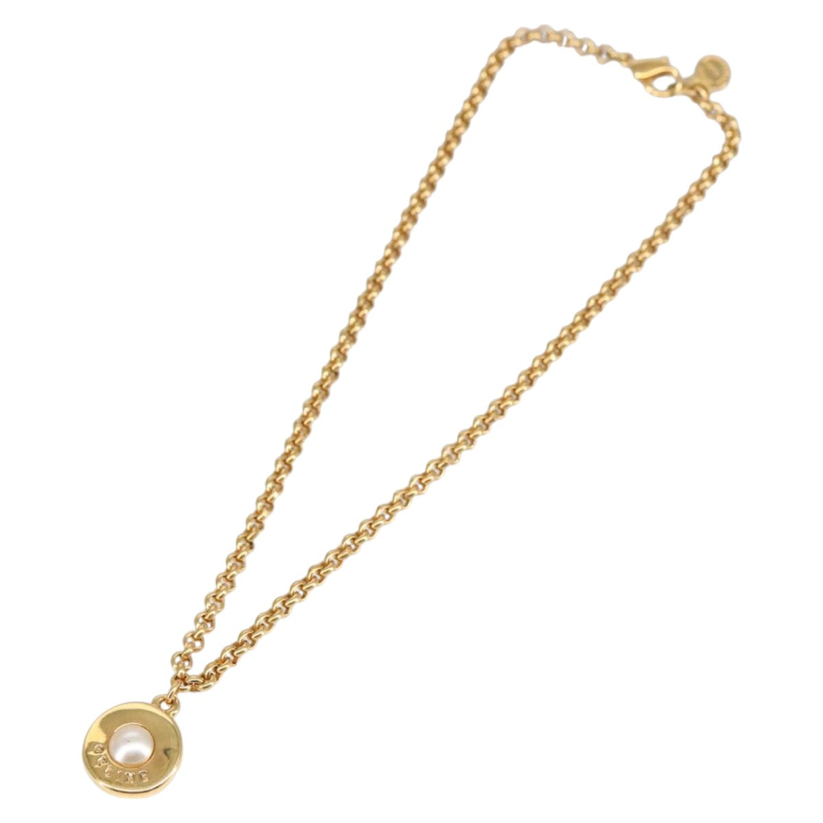 CELINE Pearl Necklace metal Gold Auth ar12965