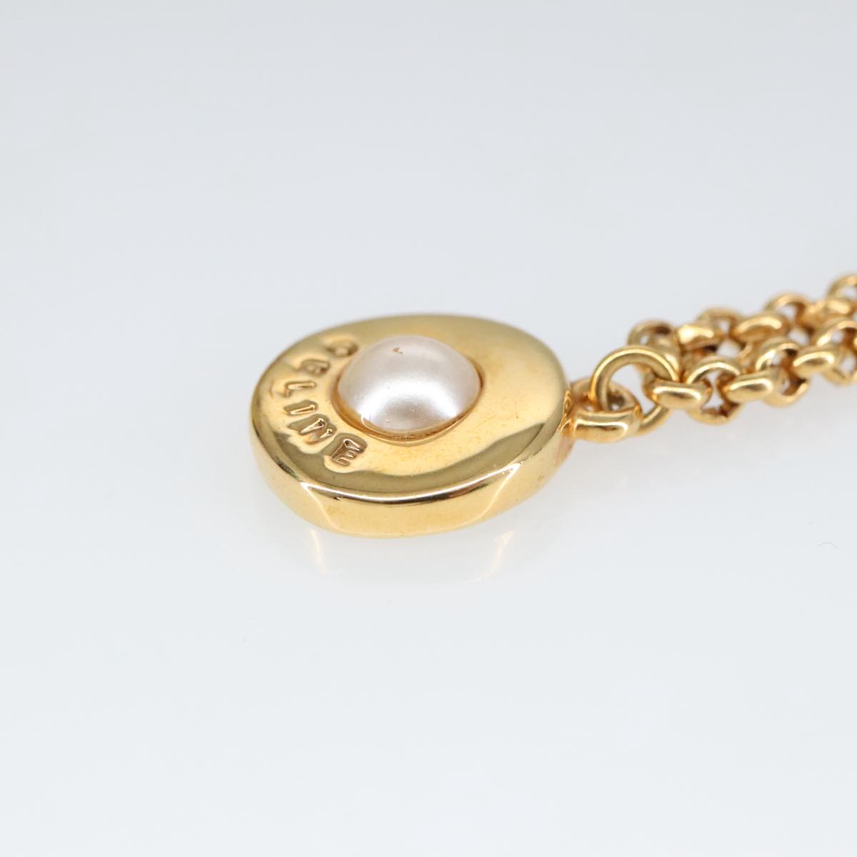 CELINE Pearl Necklace metal Gold Auth ar12965