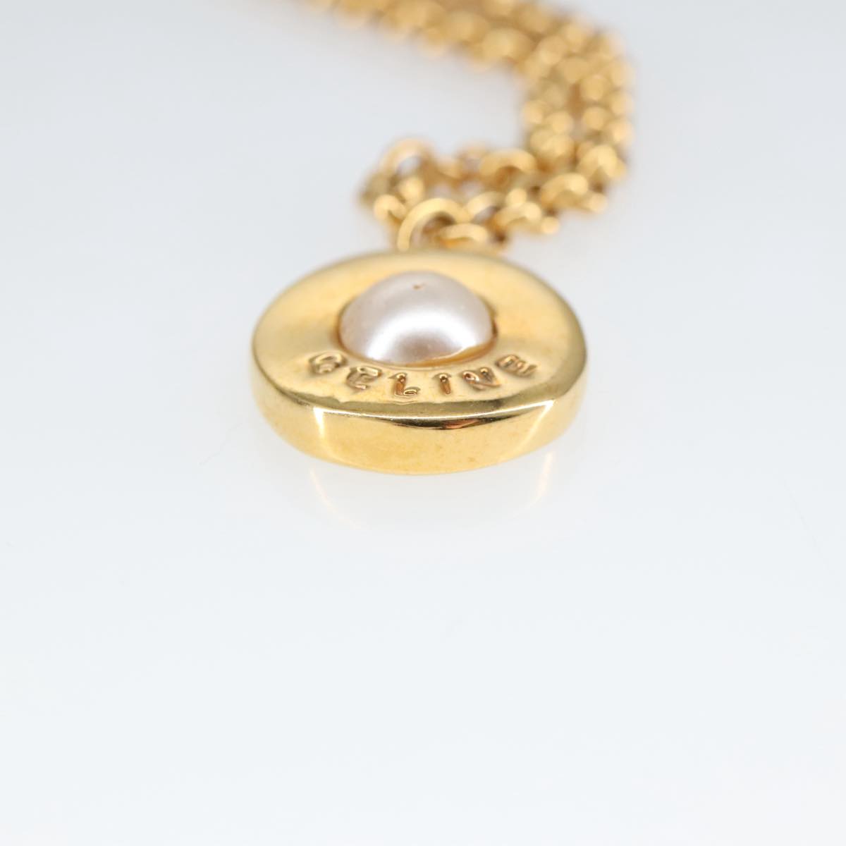 CELINE Pearl Necklace metal Gold Auth ar12965