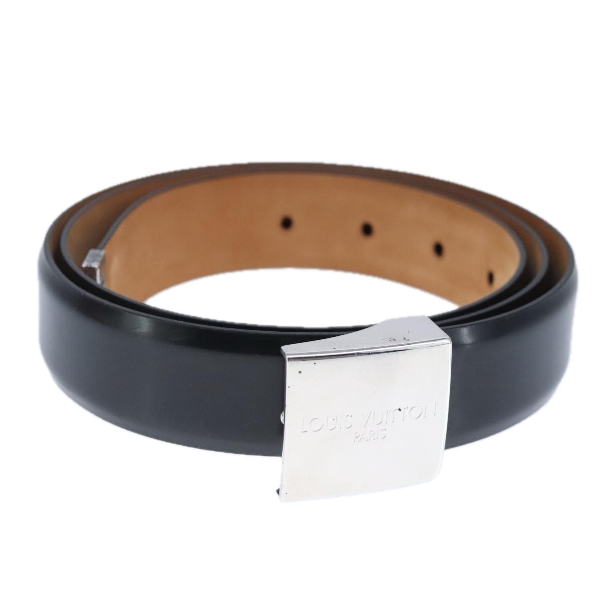 LOUIS VUITTON Ceinture Carre Belt Leather 41.7"" Black Silver LV Auth ar12999