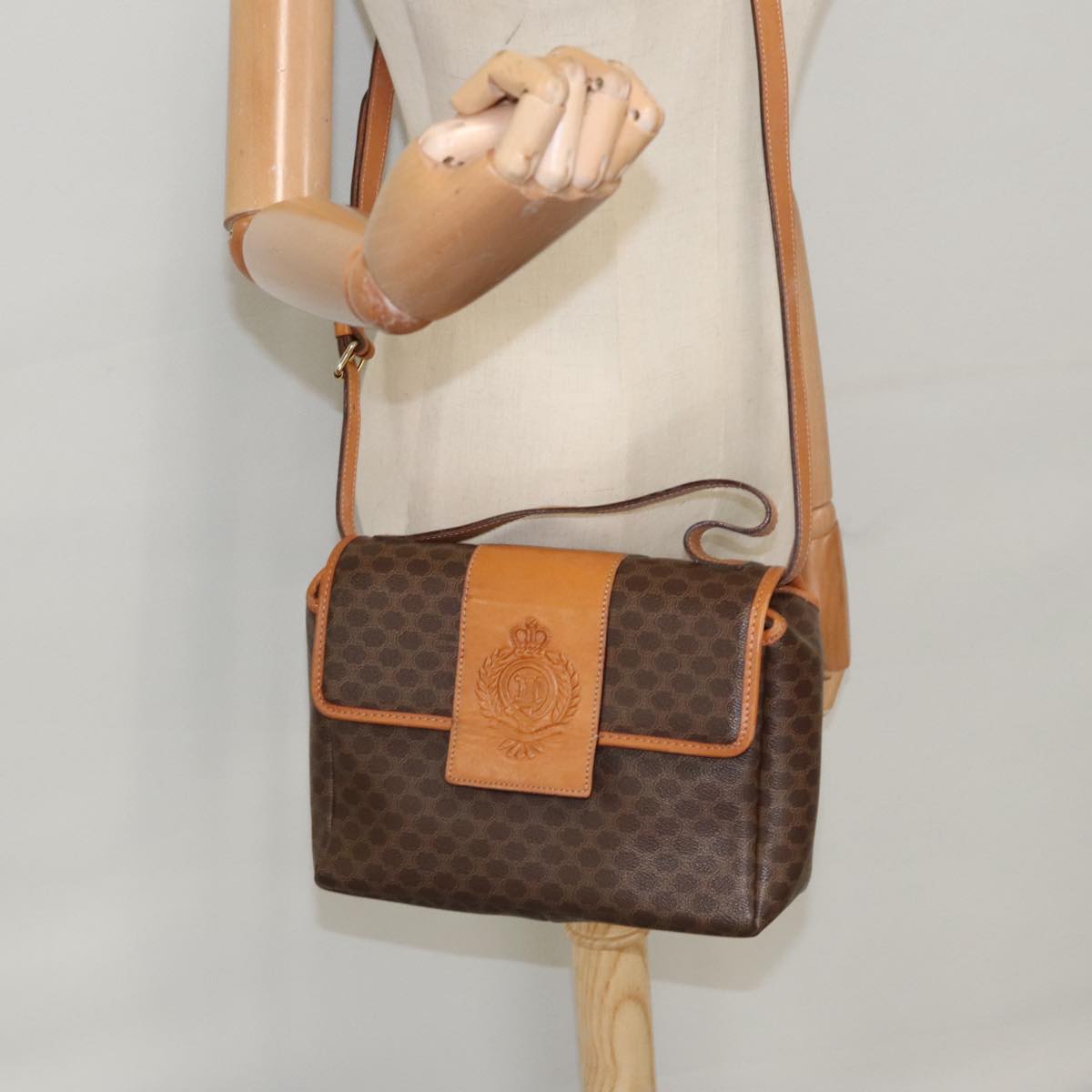 CELINE Macadam Canvas Hand Bag PVC Leather 2way Brown Gold Auth ar13005