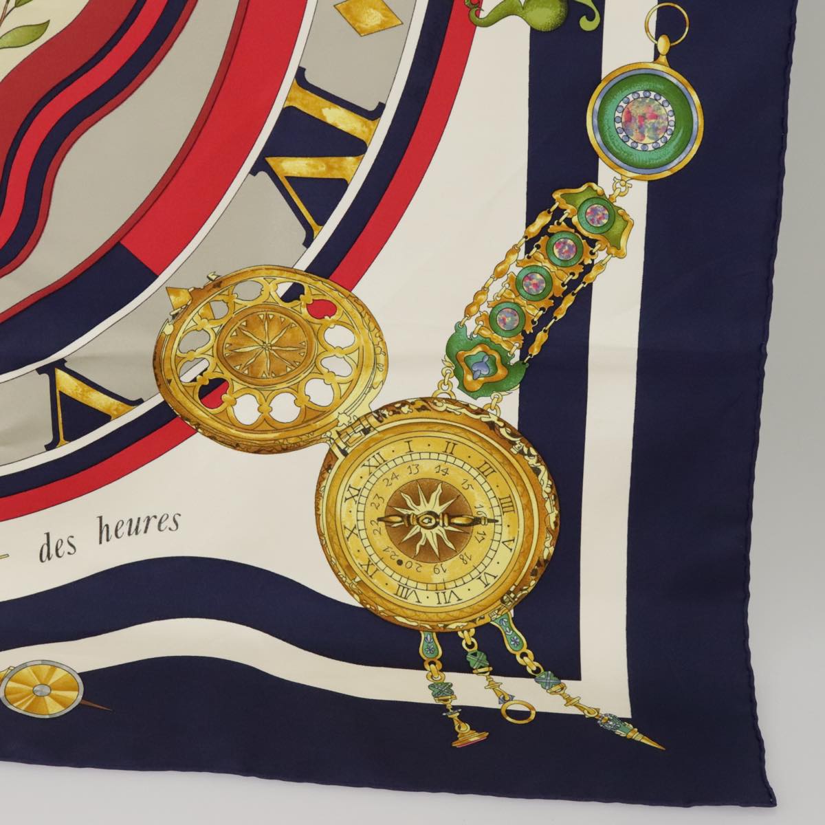 HERMES Carre 90 Scarf ""la ronde des heures"" Silk Navy White Auth ar13021