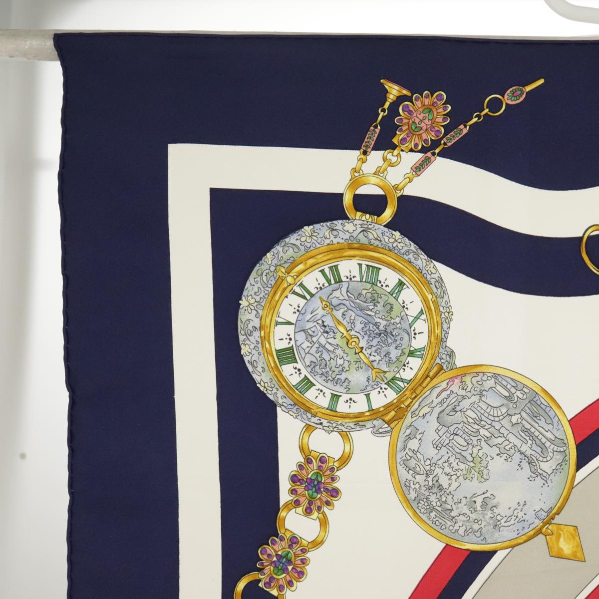 HERMES Carre 90 Scarf ""la ronde des heures"" Silk Navy White Auth ar13021