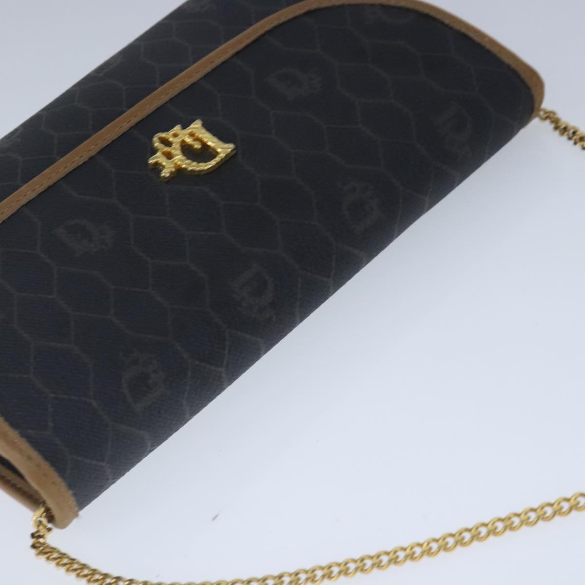 Christian Dior Honeycomb Canvas Chain Shoulder Bag PVC Gold Black Auth ar13028