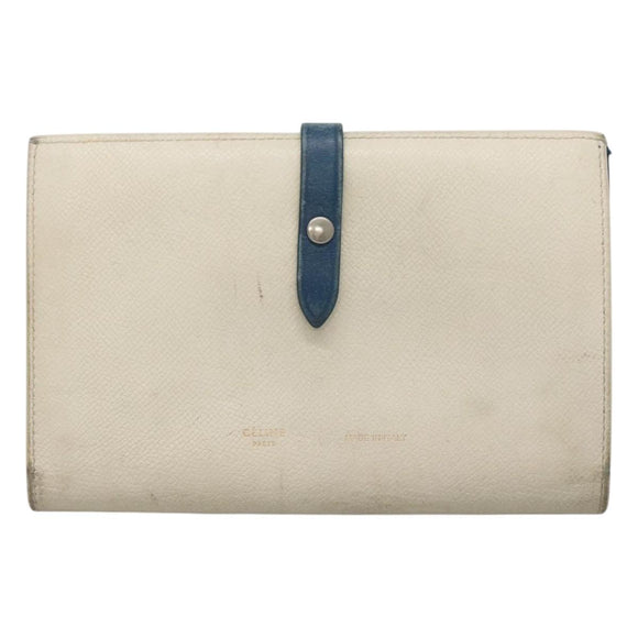 CELINE Large Strap Wallet Leather White Auth ar13263
