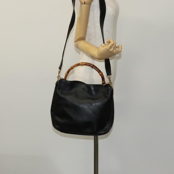 GUCCI Bamboo Hand Bag Leather 2way Black Gold Auth ar13291
