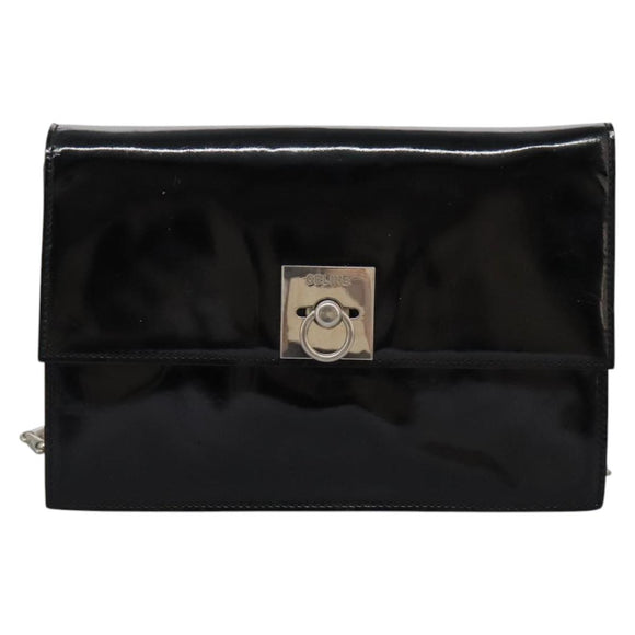 CELINE Chain Shoulder Bag Enamel Black Silver Auth ar13323